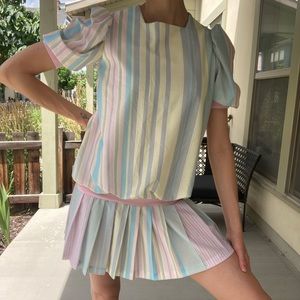 Vintage fashionland pastel striped puffed sleeve pleated mink skirt dress